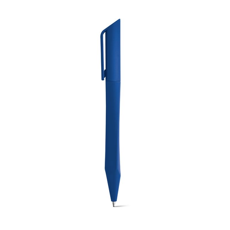 Blue ballpoint pen on white background.