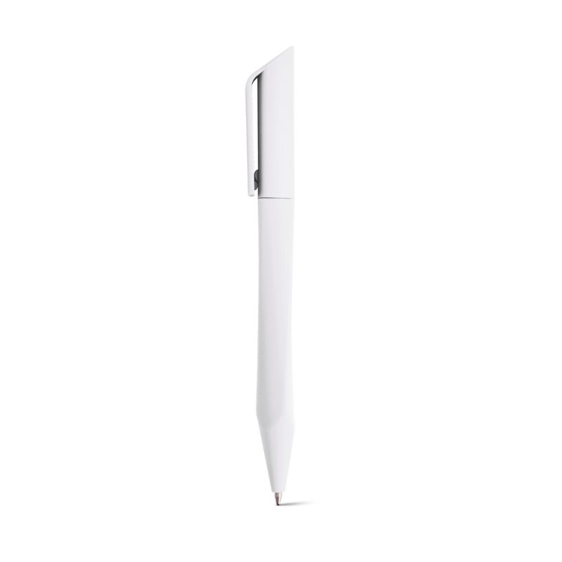 White pen with clip on white background.