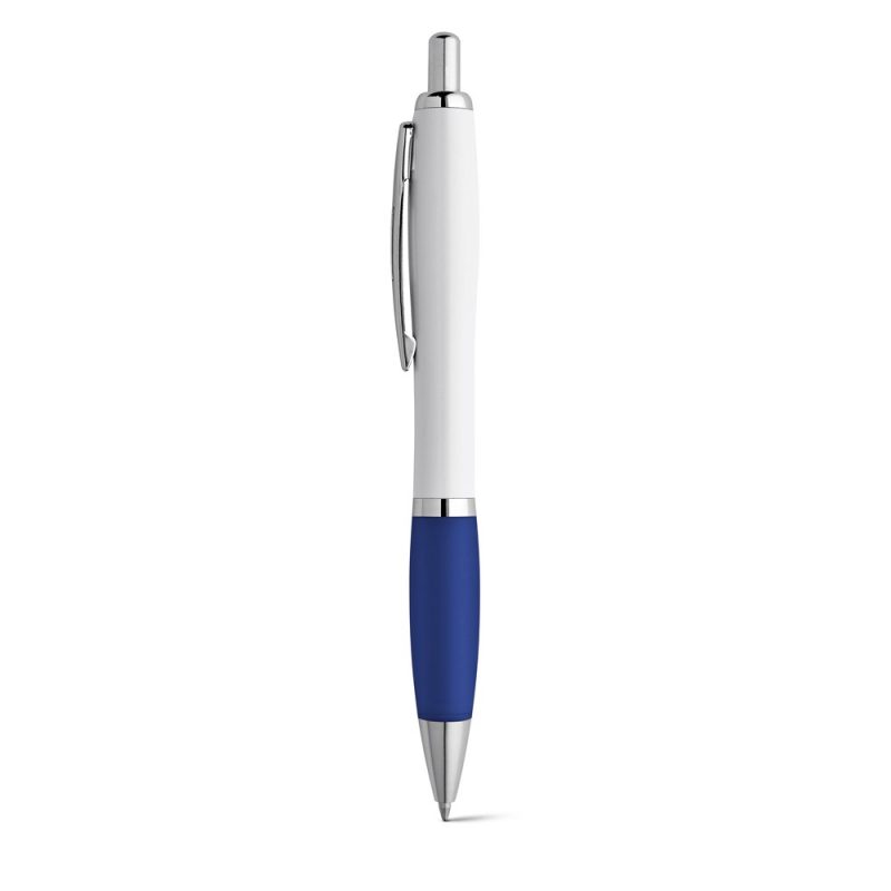 White pen with blue grip and metal clip.