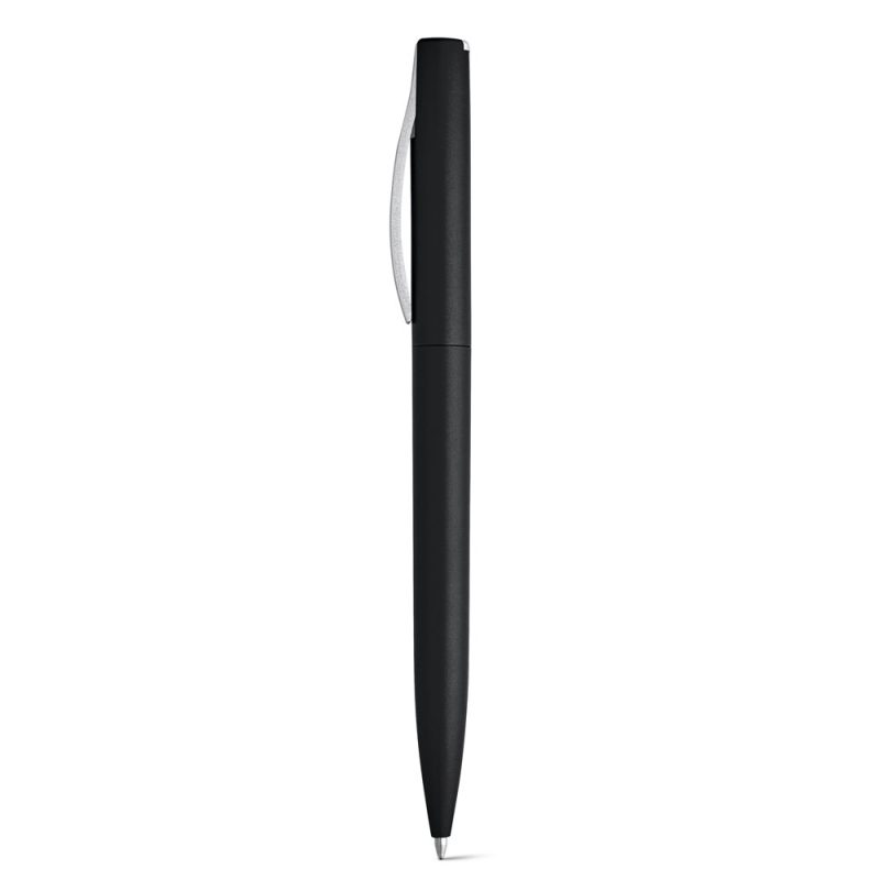 Black ballpoint pen with metal clip.