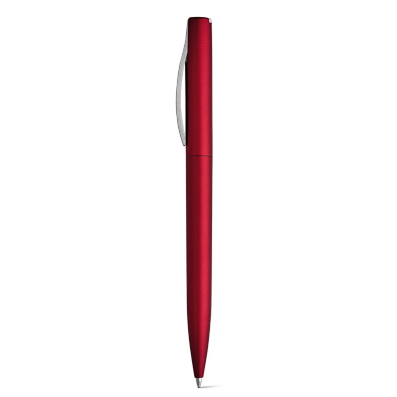 Red metal ballpoint pen with silver clip.