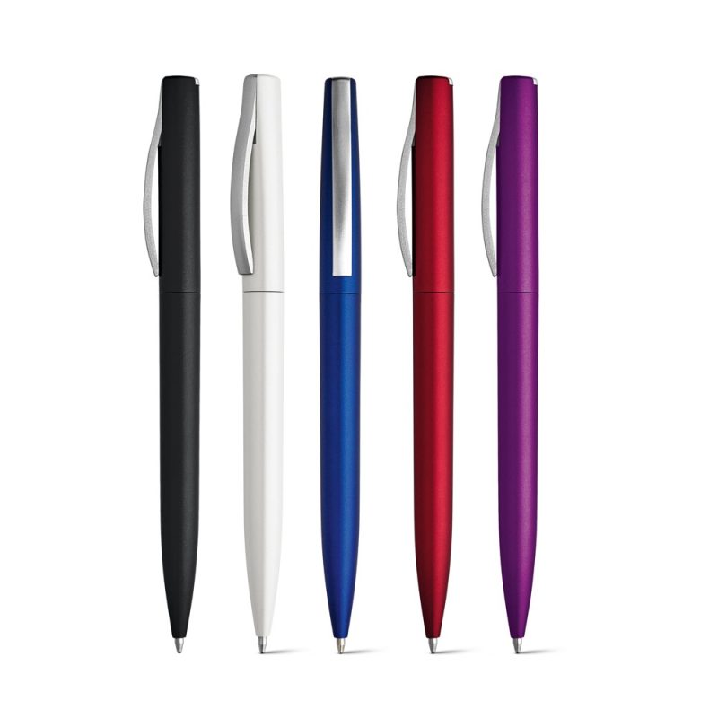 Five colourful ballpoint pens on white background.