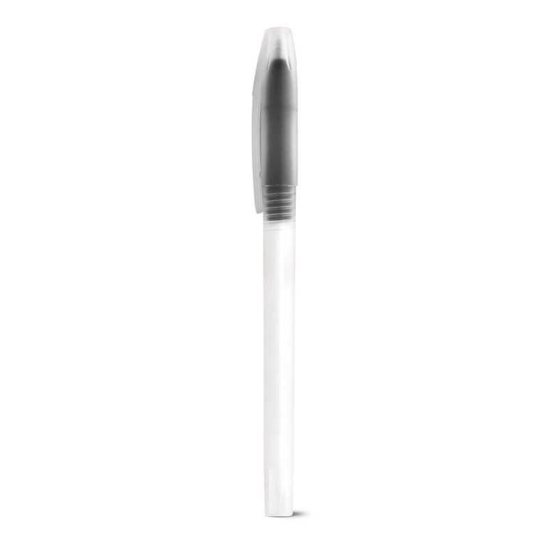 Transparent pen with black cap on white background.