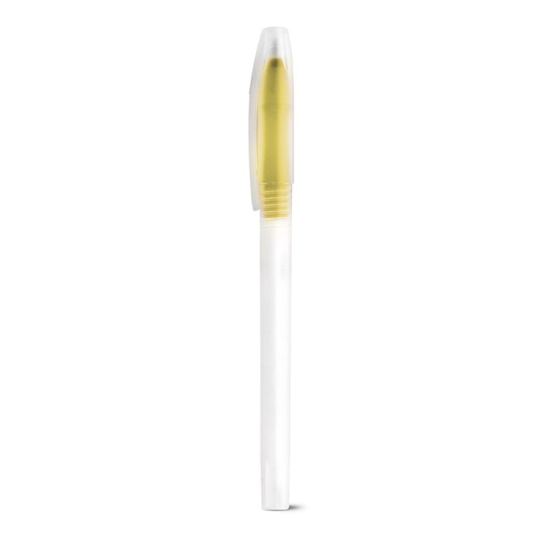 Transparent pen with yellow ink and cap.