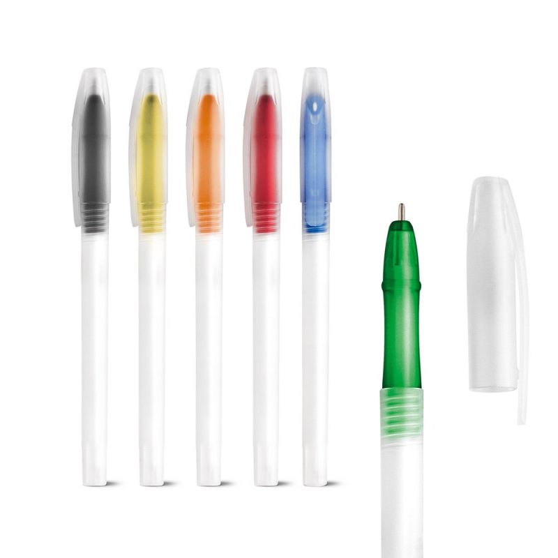 Set of colourful pens with caps.