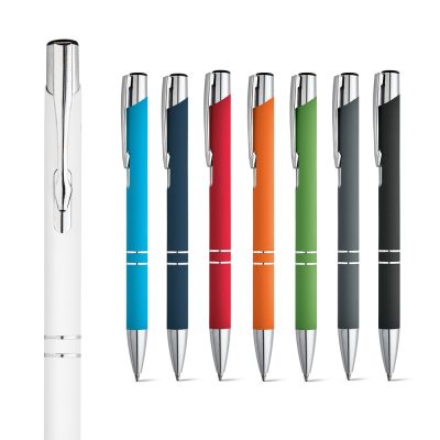 Colourful retractable ballpoint pens aligned in a row.
