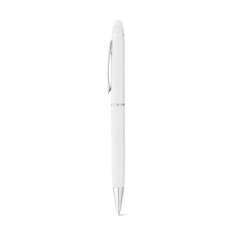 White pen with silver clip on white background.