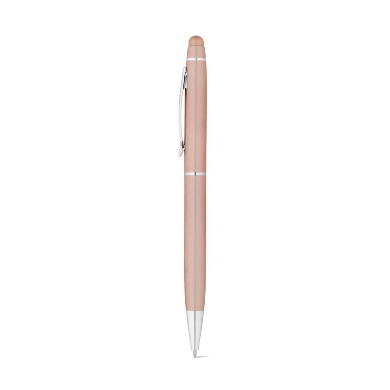 Elegant rose gold ballpoint pen with clip.