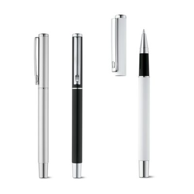 Three elegant ballpoint pens, silver, black, and white.