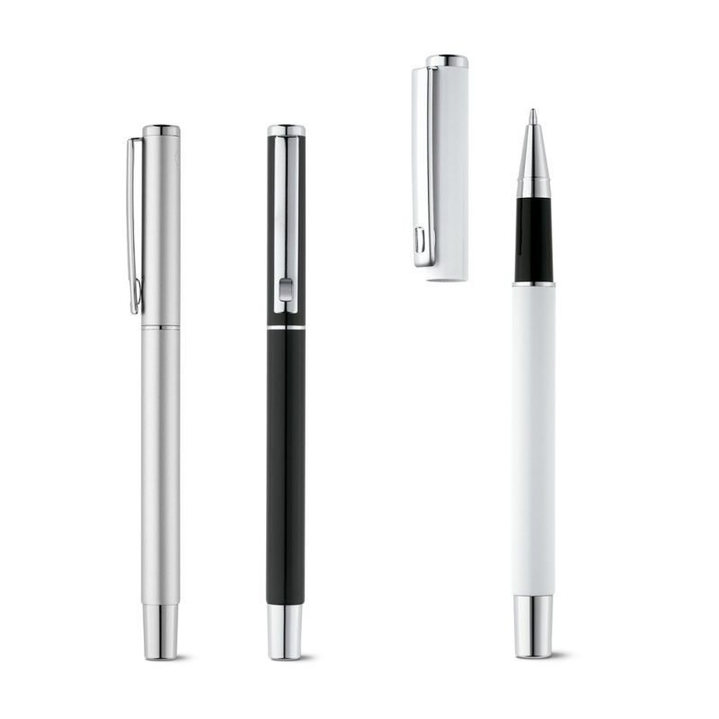 Three elegant ballpoint pens, silver, black, and white.