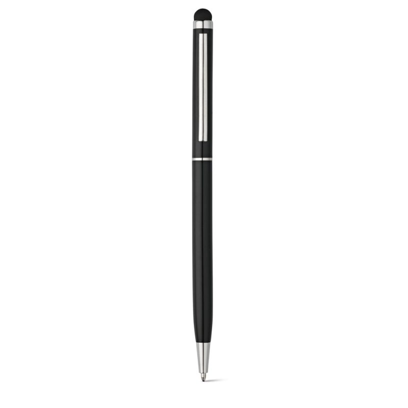 Black stylus and pen on white background.