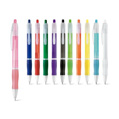 Various colourful retractable pens lined up.