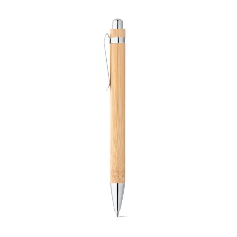Eco-friendly bamboo pen with silver accents.