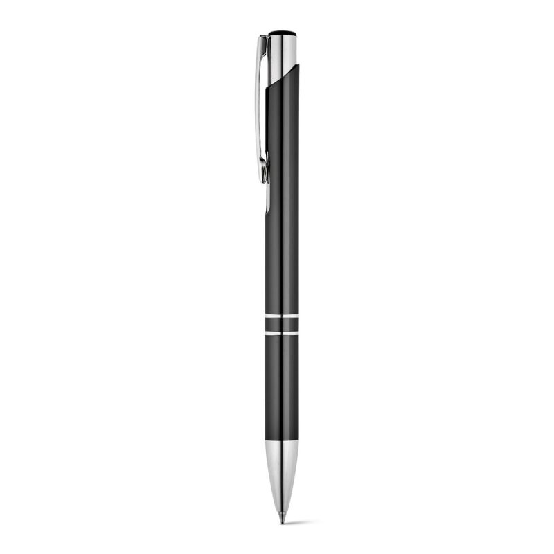 Black ballpoint pen with silver accents.