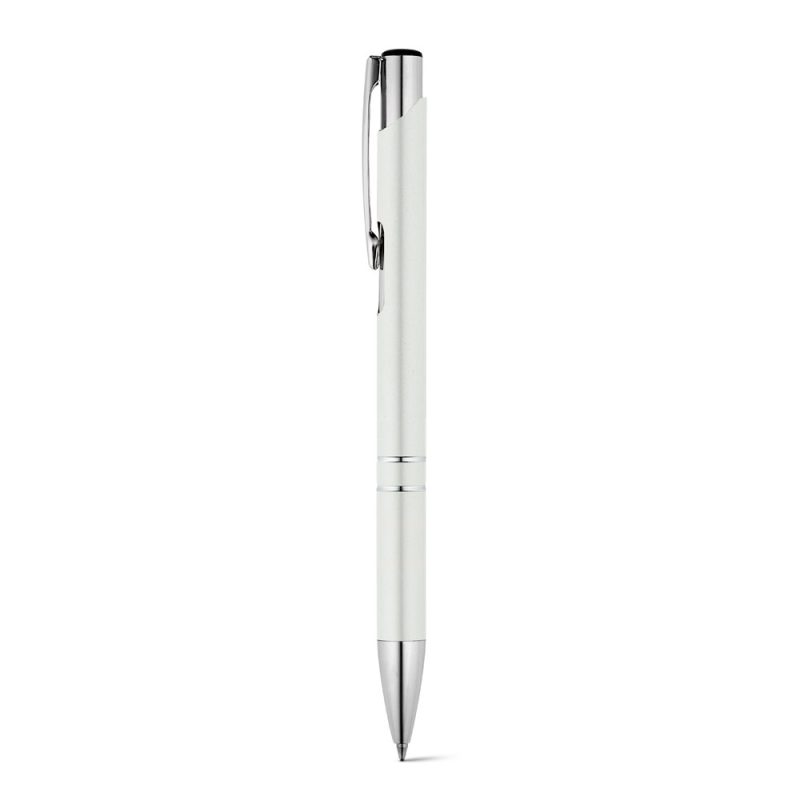 Silver ballpoint pen with clip on white background.