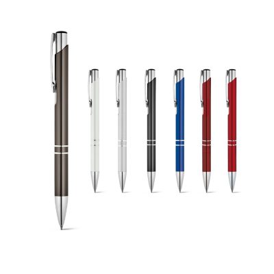 Assorted coloured ballpoint pens on white background.
