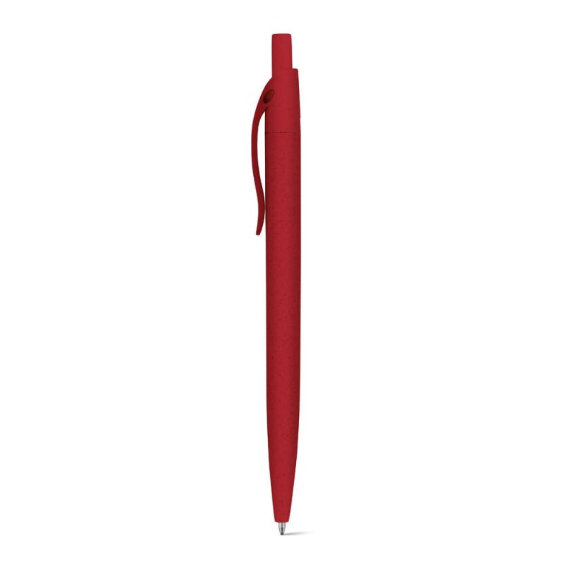 Red ballpoint pen with clip on white background.
