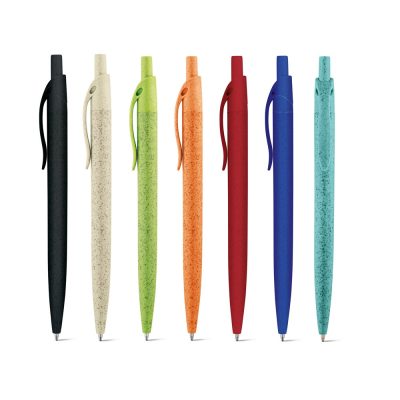 Seven multicoloured pens lined up on white background.