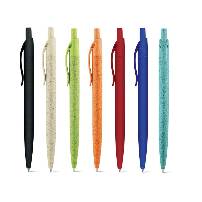 Seven multicoloured pens lined up on white background.