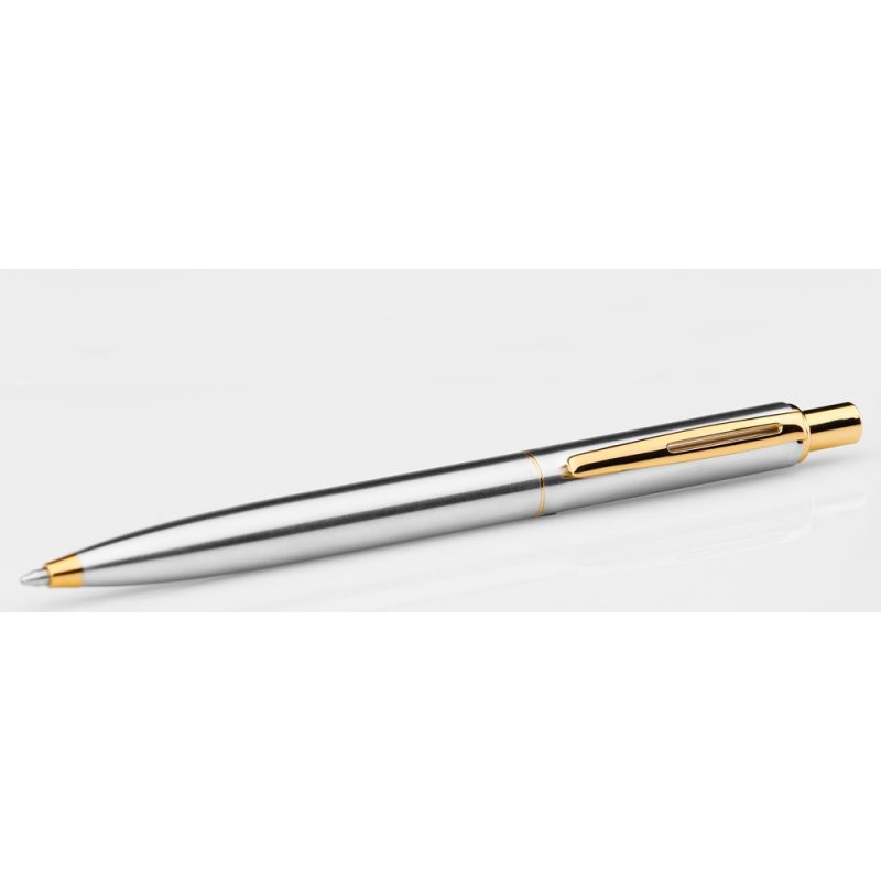 Silver pen with gold accents on white background.