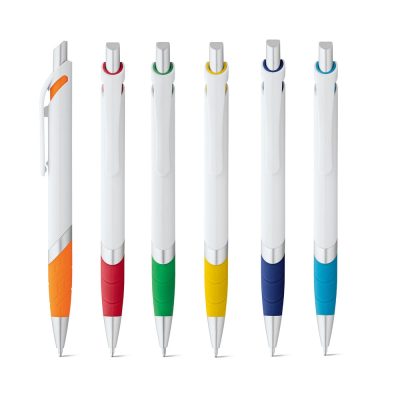 Six white pens with colourful grips and clips.