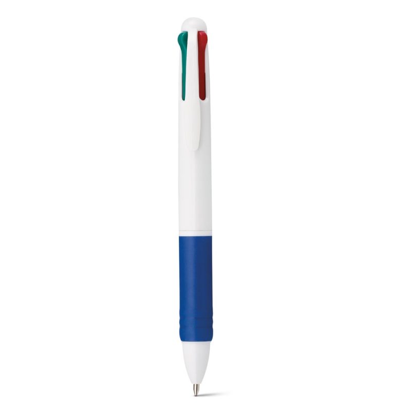 Multicolour retractable pen with blue grip.