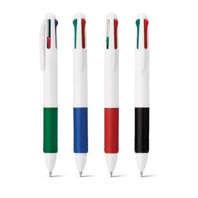 Four multi-colour retractable pens, green, blue, red, black.