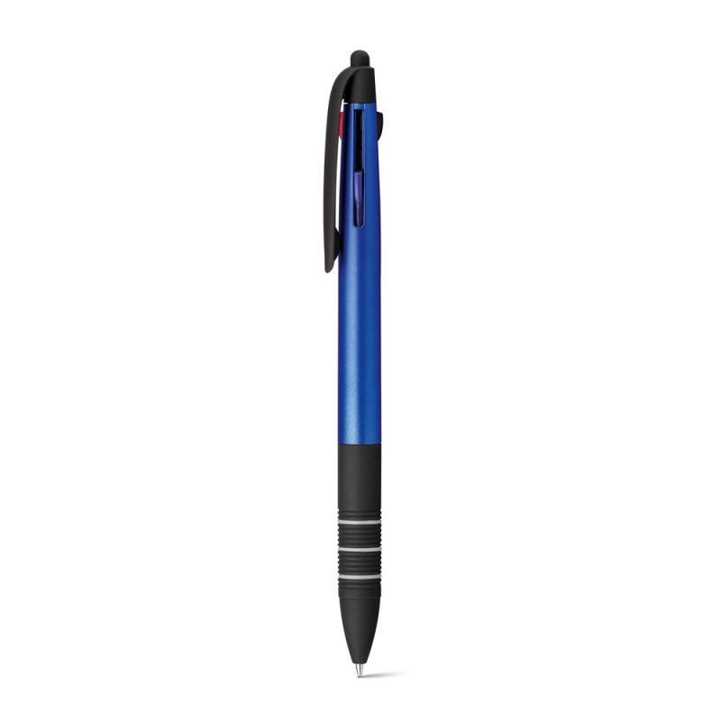 Blue retractable pen with black grip and clip.