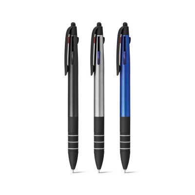 Three retractable pens: black, silver, and blue.