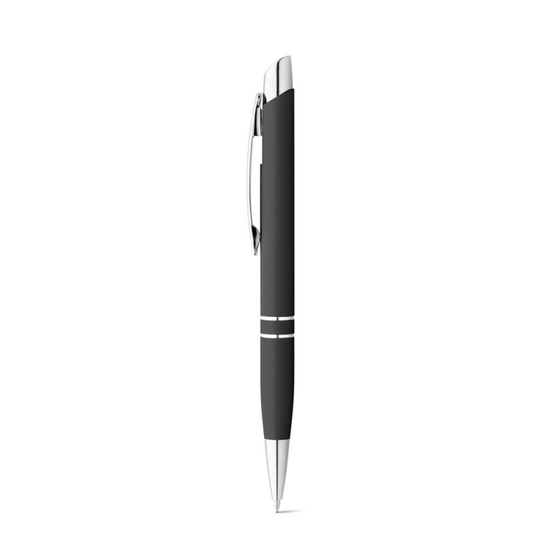 Black ballpoint pen with silver accents.