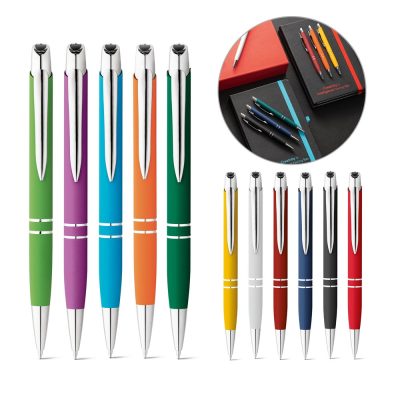 Colourful pens and notebooks on display