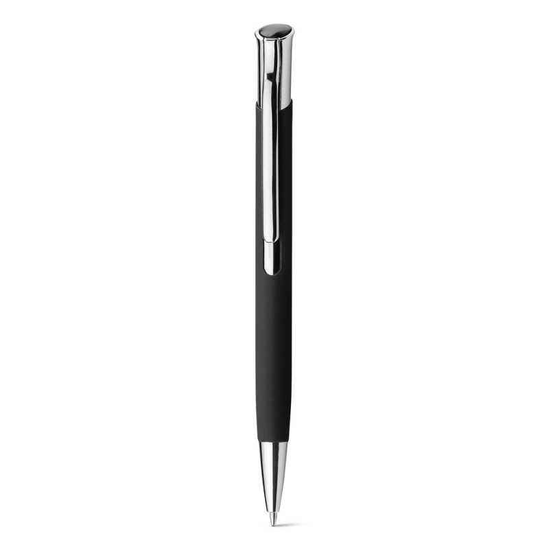 Black ballpoint pen with silver accents.