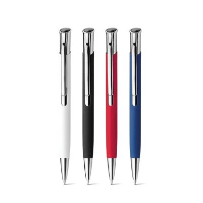 Set of four colourful ballpoint pens with clips.