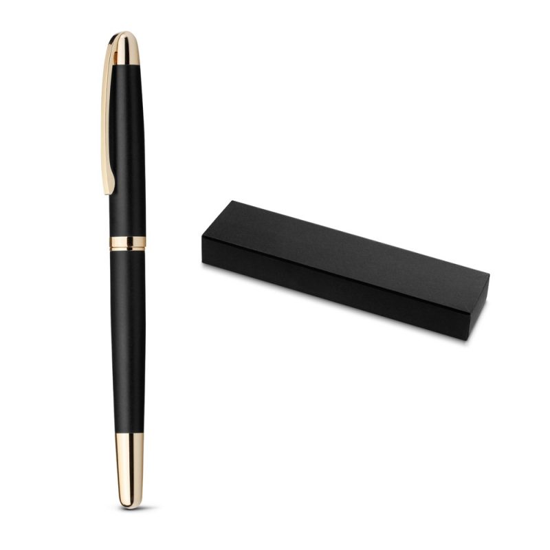 Elegant black and gold pen with gift box.