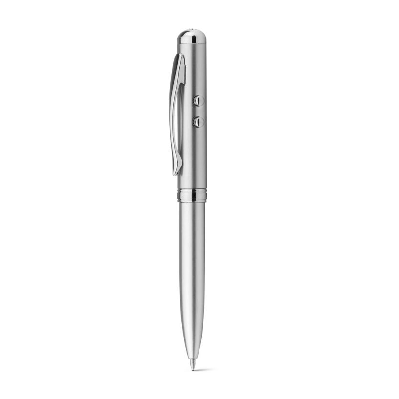 Silver multifunction pen with buttons and clip.
