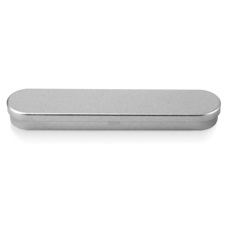Silver rectangular metal box with rounded edges.