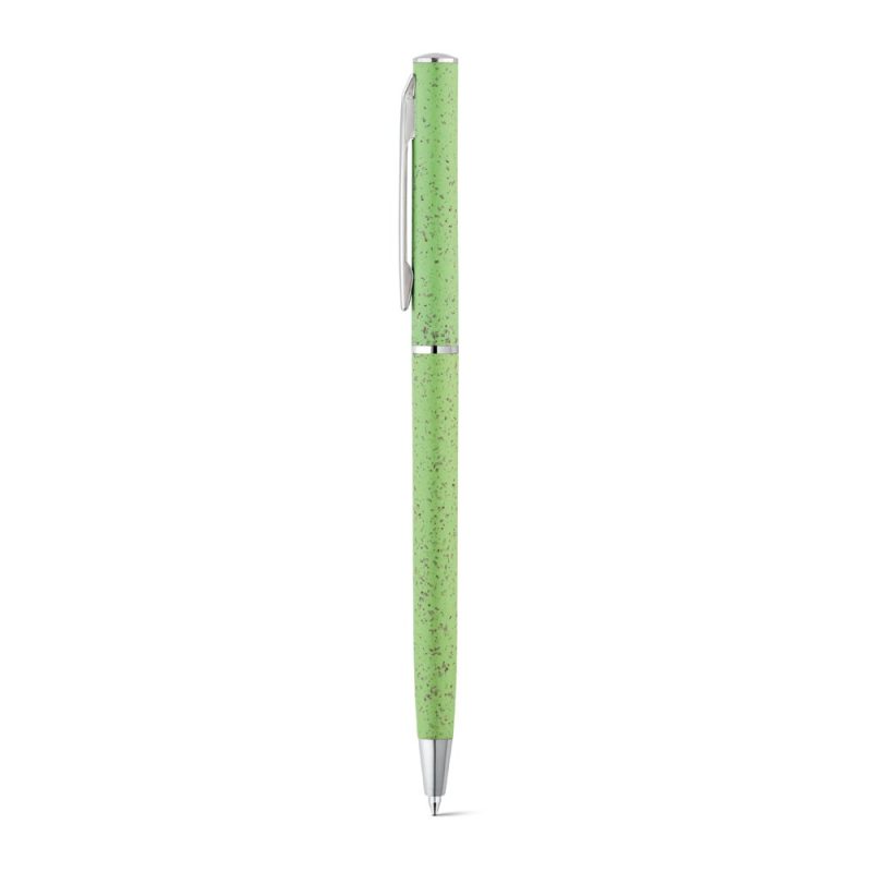 Green speckled pen with silver clip.