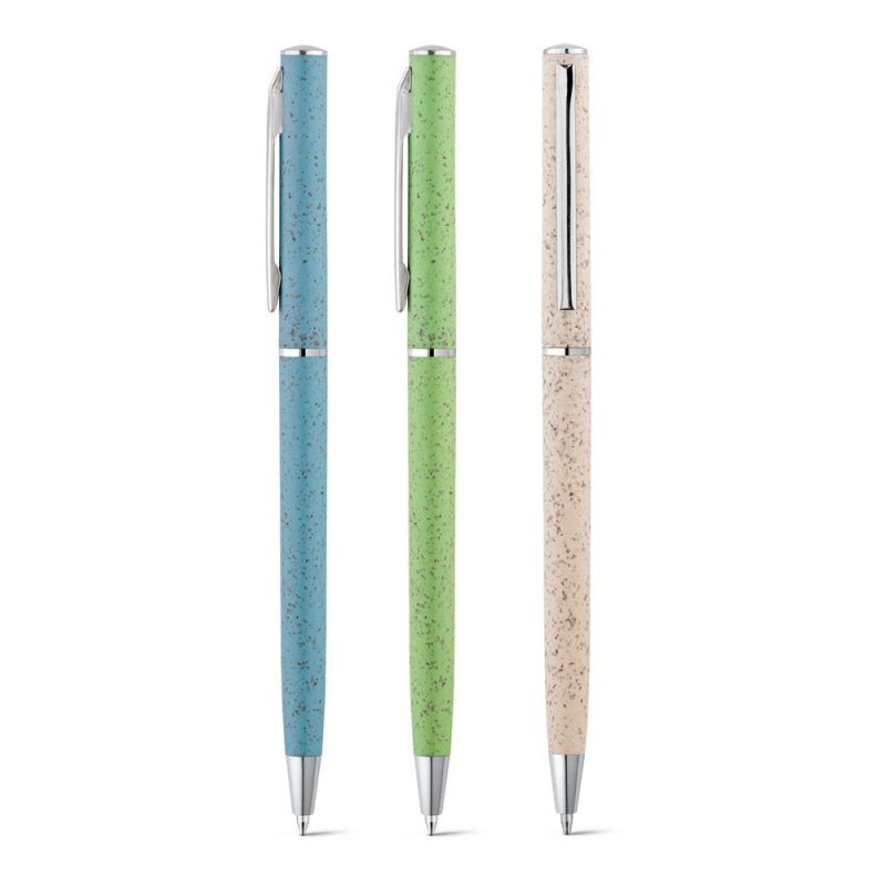 Three eco-friendly pens in blue, green, beige