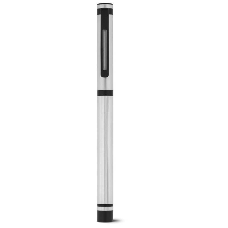Silver and black fountain pen on white background.
