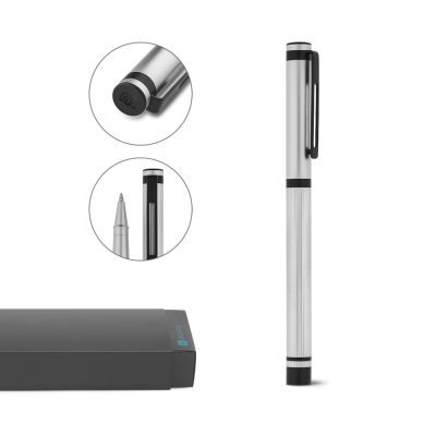 Silver pen with black details and box