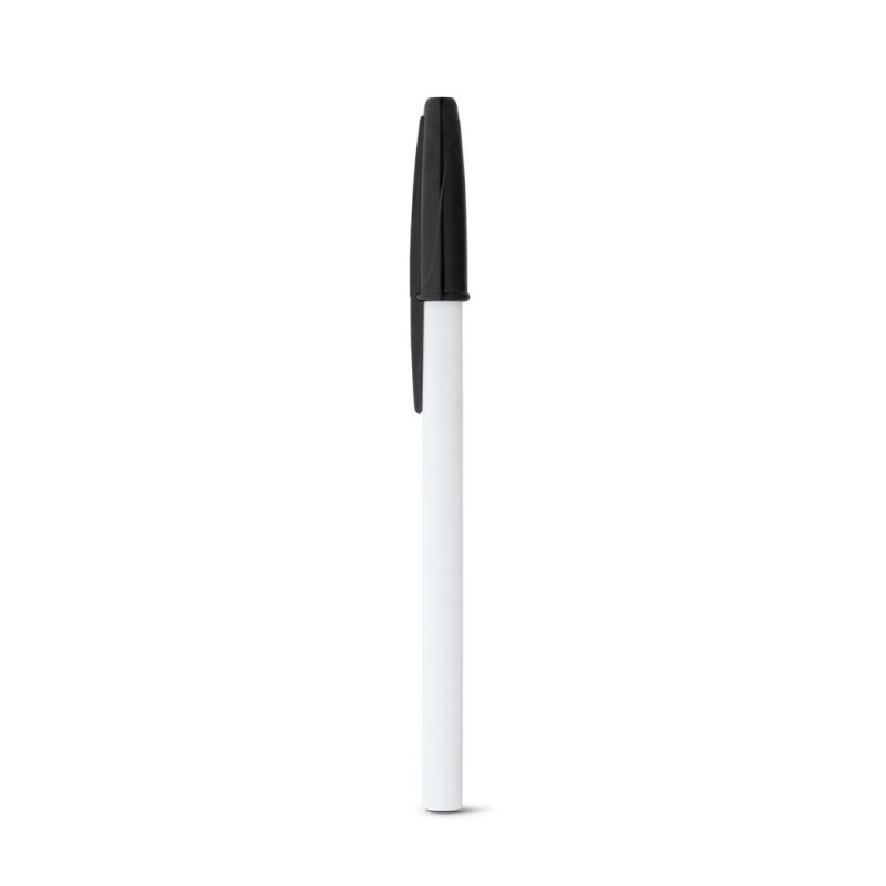 White pen with black cap on white background.