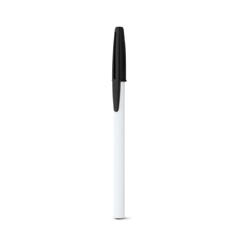 White pen with black cap on white background.
