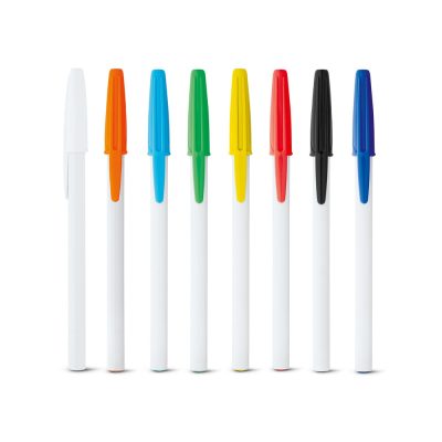 Set of colourful pens with white barrels.