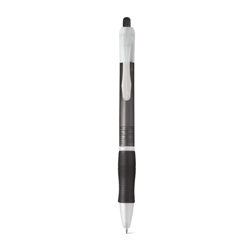 Black retractable ballpoint pen with clip and grip.