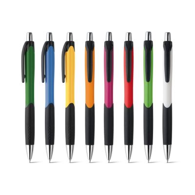 Colourful ballpoint pens in a row, isolated