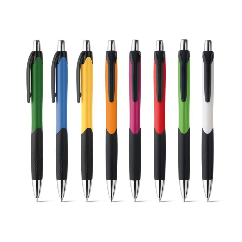 Colourful ballpoint pens in a row, isolated