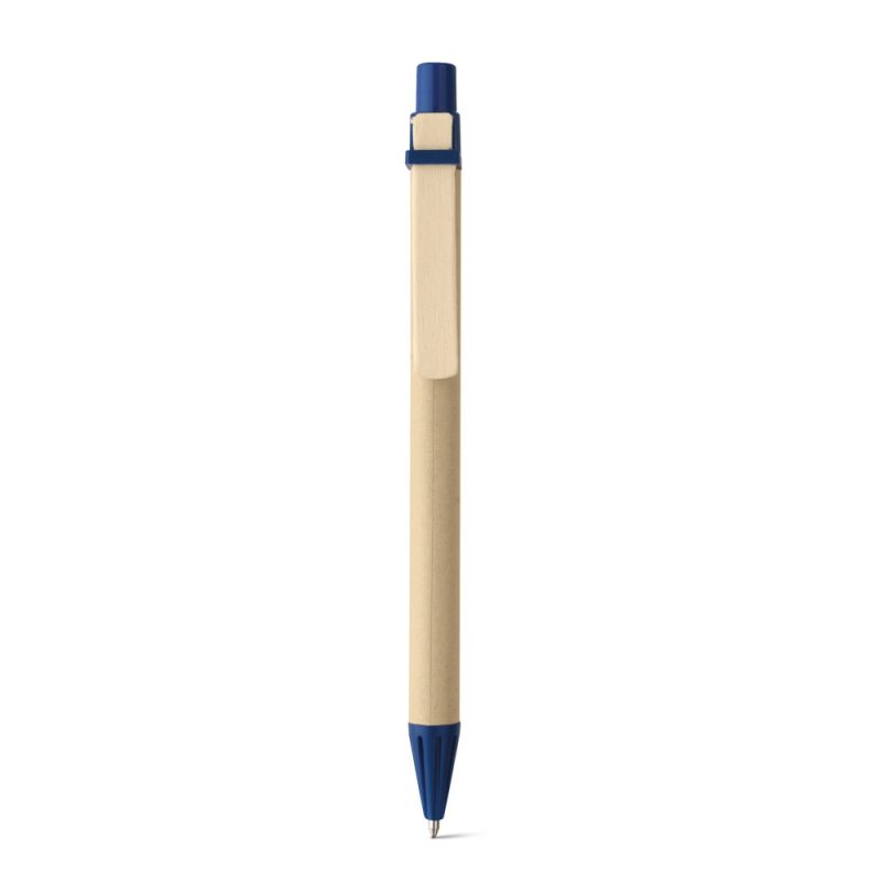 Eco-friendly blue and beige retractable pen.