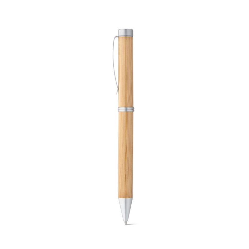 Eco-friendly bamboo pen with silver accents.