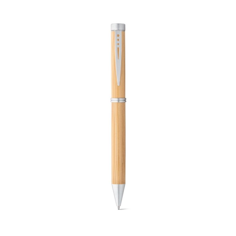 Eco-friendly bamboo pen with silver accents.