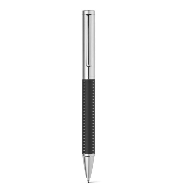 Elegant black and silver pen with clip.